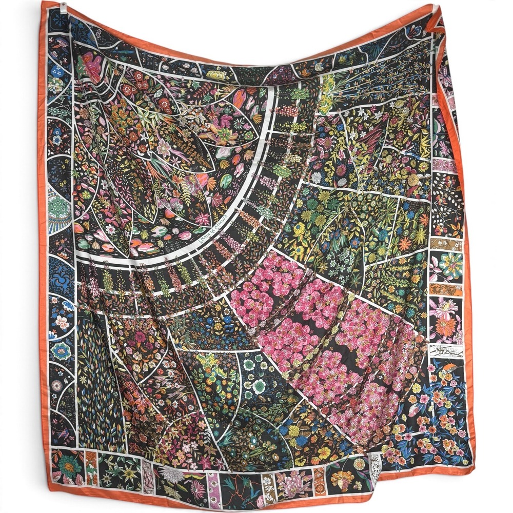100% Silk Scarf Womens One Size Oversized Floral Botanical Orange Black Wrap